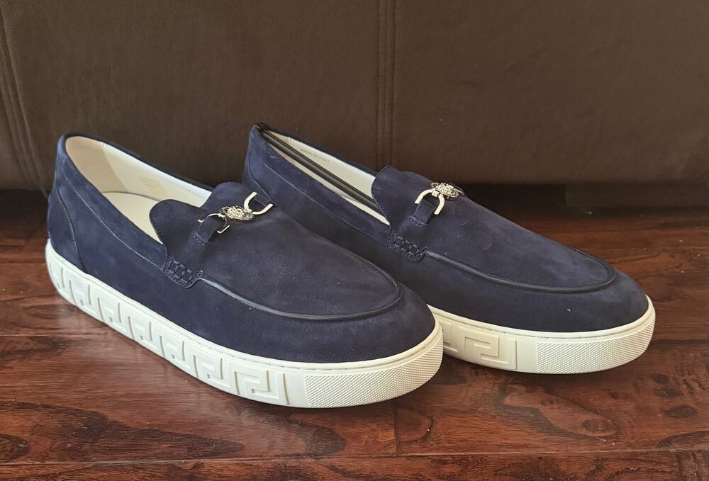 $925 NIB Versace Medusa 95 Greca Suede Loafers Navy Men's EU 46 US 13